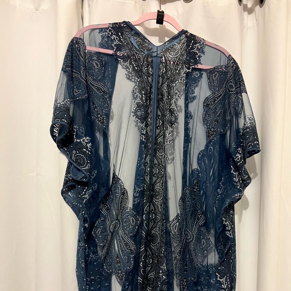 Sheer Dark Blue Kimono with Paisley Print & Fringe Hem